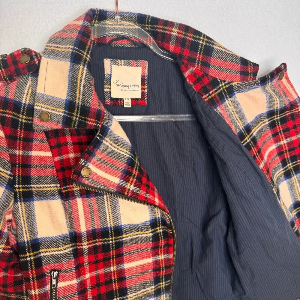 Heritage 1981 Wool Blend Plaid Moto Biker Jacket Belted Red Tartan Preppy Small